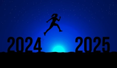 woman silhouette with bright blue sun behind er leaps between numeral years 2024 to 2025