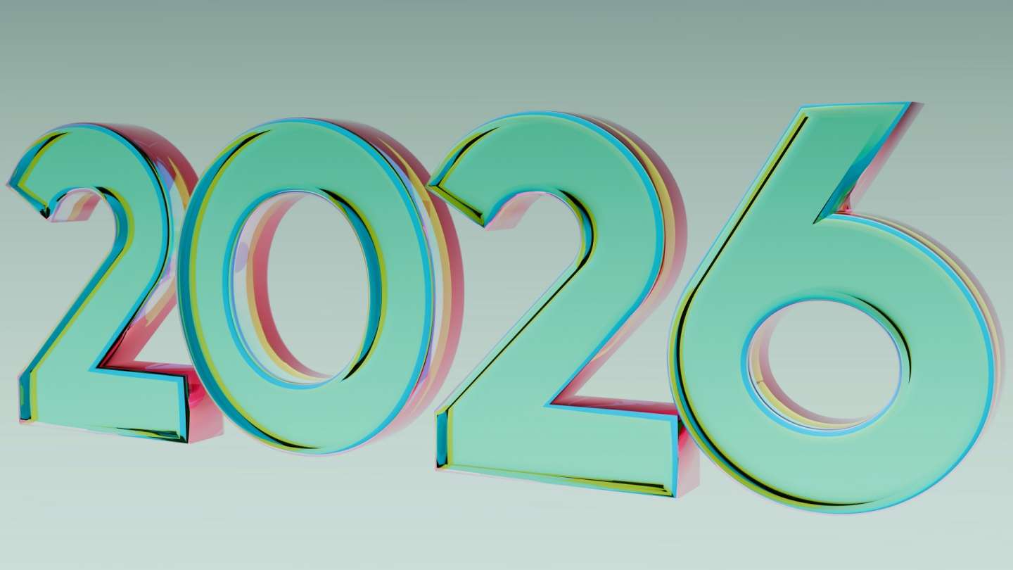 three-dimensional 2026 numerals green body, blue trim and pink backing