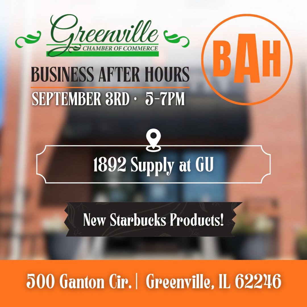 Greenville Chamber of Commerce flyer for 'Business After Hours' includes date time and address. Background features a brick building and black awning over an entrance.