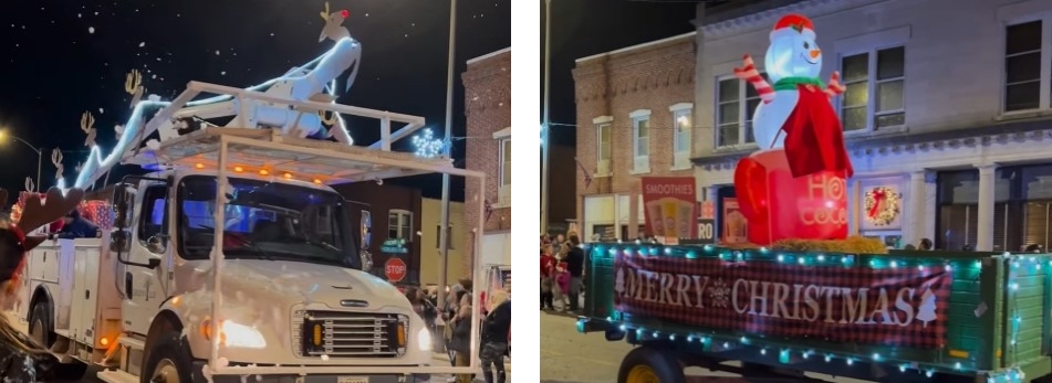 white truck decorated with flying reindeer and blowing soap bubbles, green wagon holding straw bales, largeinflated red cocoa mug and large inflated white snow person with santa hat