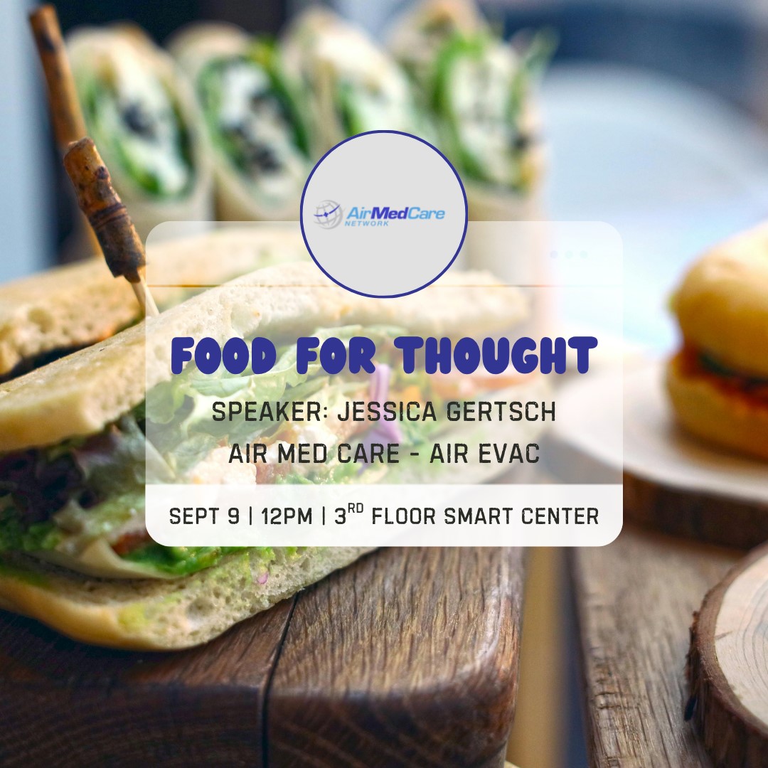 A table with plates of food. Food for Thought event details overlay the image, featuring a speaker.