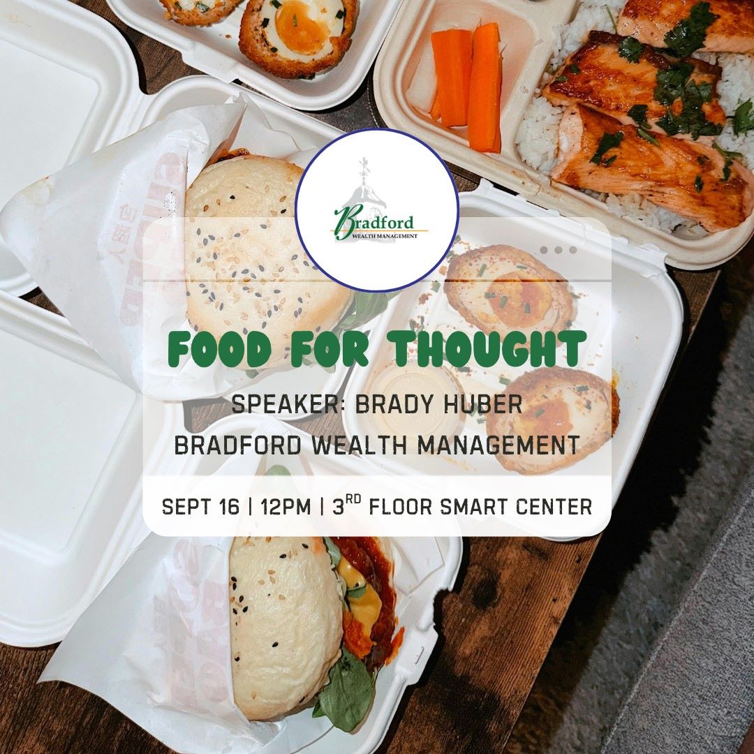 A table with plates of food. Food for Thought event details overlay the image, featuring a speaker.