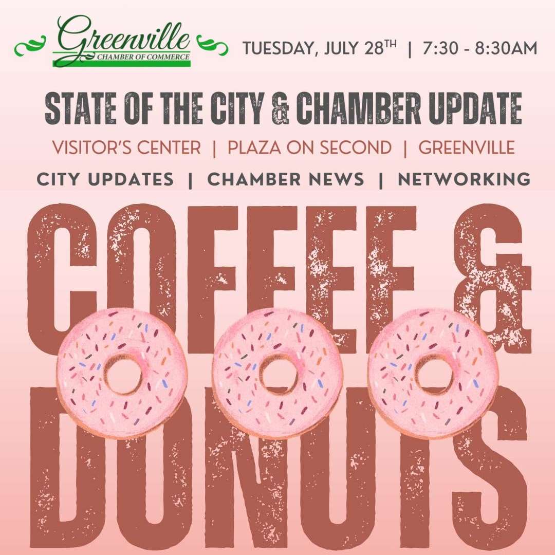 Event poster for Greenville Chamber of Commerce's coffee and donuts meetup, highlighting city and chamber updates, with pink donut graphics.