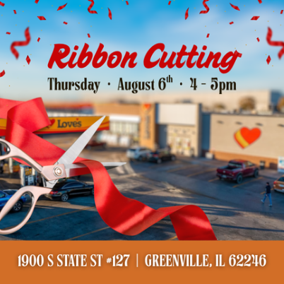 Event flyer for new and or expanded business ribbon cutting, featuring a building exterior and details such as date time and address.