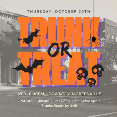 Event flyer for Halloween trick or treating public event on Greenville Square.